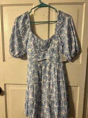 Altar'd State Blue Floral Puff-Sleeve Midi Dress